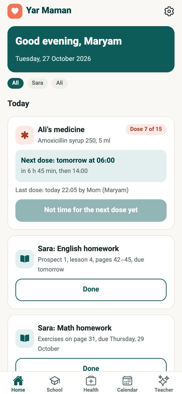 Yar Maman home screen in English